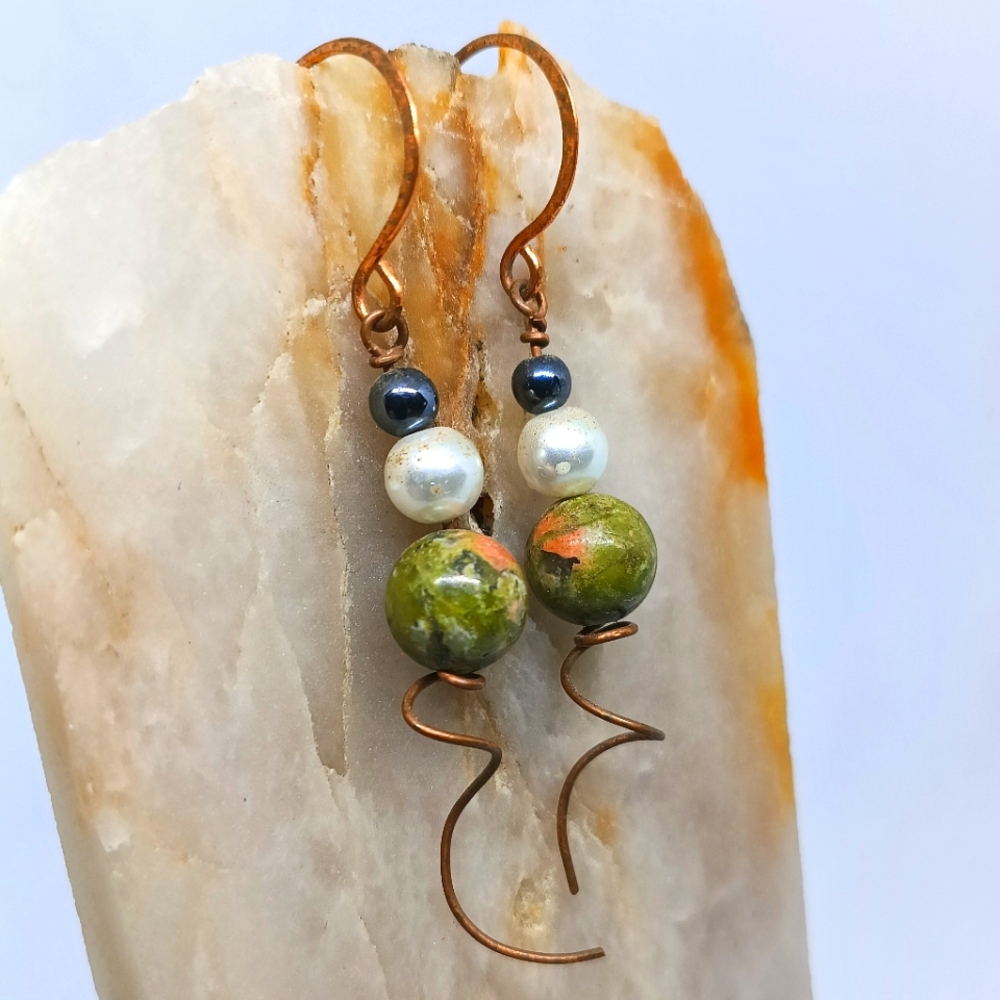 Spiral Copper Drops with Unakite Hematite and Pearl Dangle Earrings Handmade